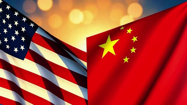 Flags of the United States and China waving together against a vibrant sunset background