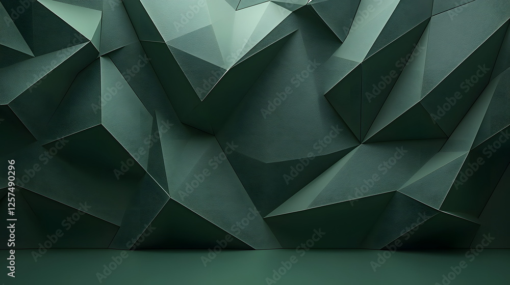 Poster geometric green textured wall with angular shapes and shadows in modern interior design space