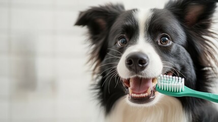 Border Collie showing teeth while having its teeth brushed with a green toothbrush