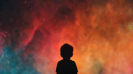 A child silhouetted against a vibrant cosmic backdrop, showcasing colorful nebulae and stars, evoking feelings of wonder and exploration.
