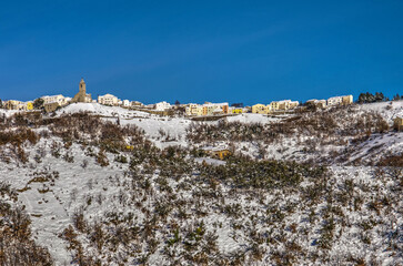 View of the snowy town of Agnone, a small town in the province of Isernia in Molise