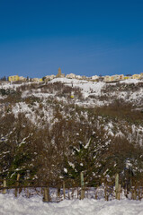 View of the snowy town of Agnone, a small town in the province of Isernia in Molise