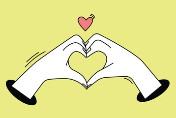 Aesthetic romantic illustration. Flat vector two hands that form love, expressing love with soft colors.