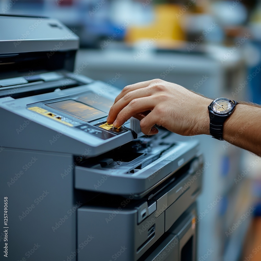 Fototapete Man operating modern multifunction printer, using touchscreen controls in office setting, close-up of hand and watch detail for office equipment concept.
