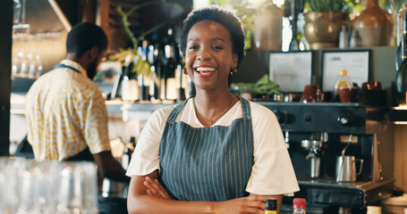 Confidence, woman and portrait with alcohol for small business, hospitality and arms crossed....