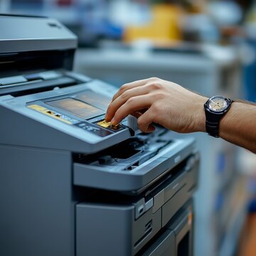 Man operating modern multifunction printer, using touchscreen controls in office setting, close-up of hand and watch detail for office equipment concept.