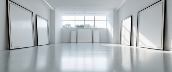Modern gallery interior with large empty framed