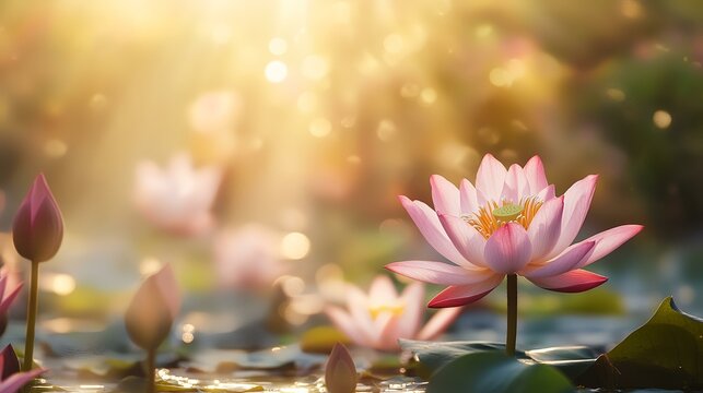 Fototapeta Serene sunrise illuminates pink water lilies in a tranquil pond  perfect for meditation or relaxation themes