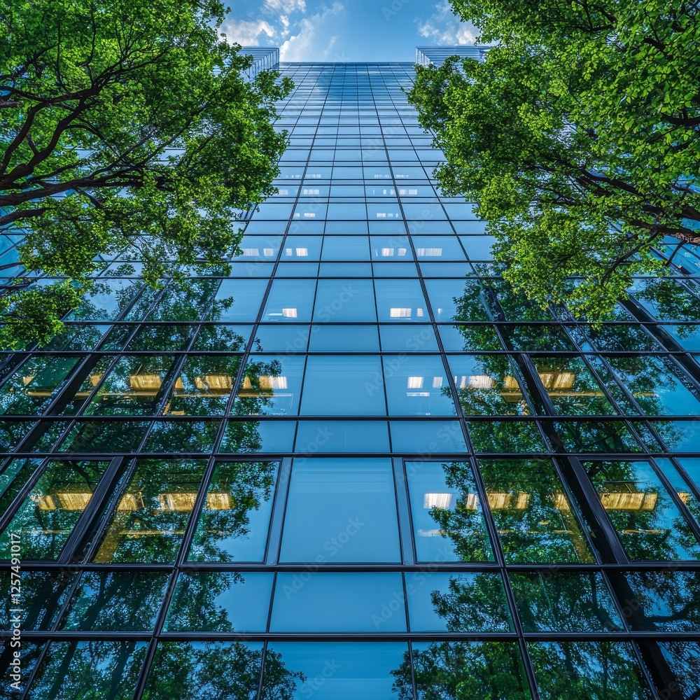 Poster modern architecture: glass skyscraper reflecting trees and sky, urban landscape combining nature and