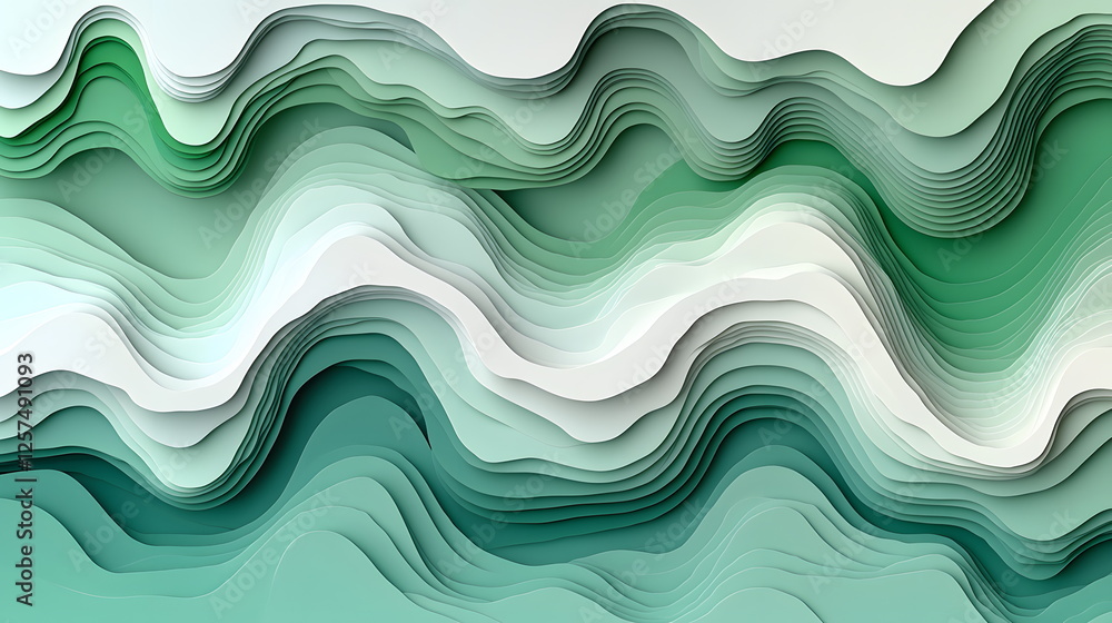 Poster flowing abstract waves in green and white tones with layered and textured designs reminiscent of nat