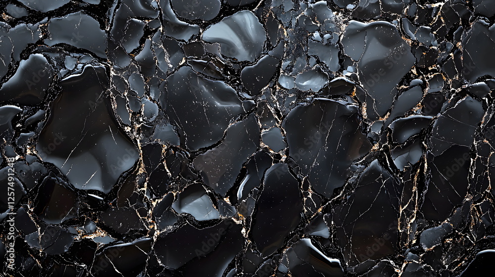 Poster glossy black marble texture with intricate patterns and golden veining for interior design projects.