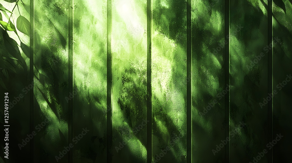 Poster lush green foliage casting shadows on a textured vertical panel with hints of sunlight filtering thr