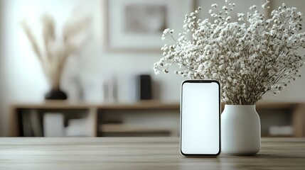 Smartphone mockup, blank screen, living room background, minimalist home decor, website design