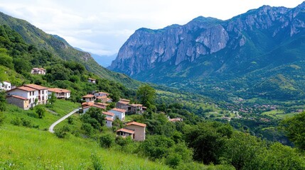 Mountain Village Scene in Valley
