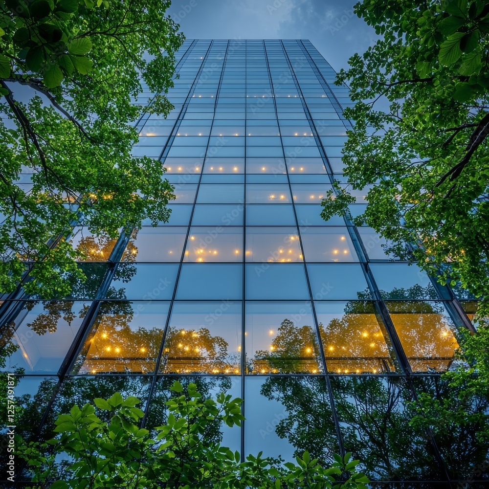 Poster reflections of nature on modern glass architecture: a harmonious blend of urban and green spaces und