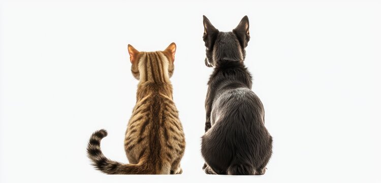 Dog and cat, seen from behind, sitting and peering backwards on a see-through backdrop.