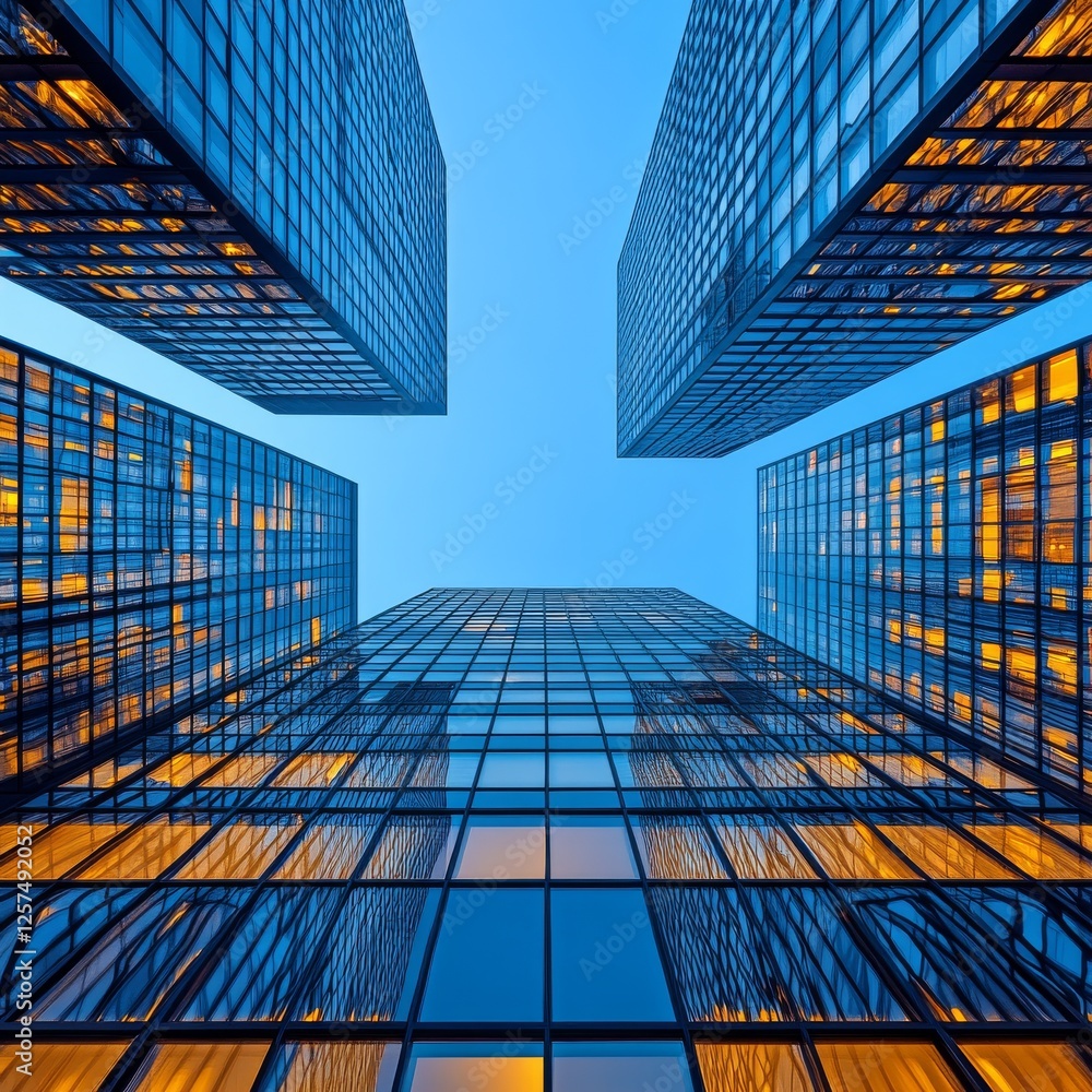 Poster skyward gaze: a mesmerizing view of modern skyscrapers and architectural brilliance reflecting in gl
