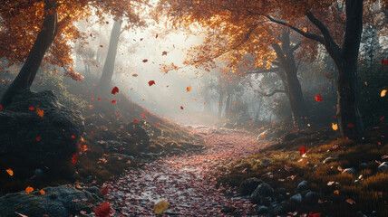Autumn forest path with falling leaves and warm sunlight