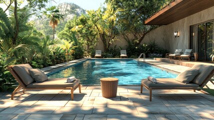 Serene Outdoor Poolside Retreat Surrounded by Lush Tropical Nature