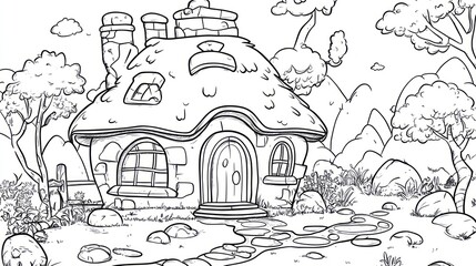 Obraz premium Stone cottage, forest path, hills background, coloring page
