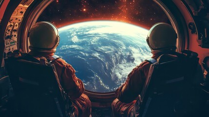 Two astronauts sit together, gazing out at the stunning view of Earth seen from the spacecraft's window, highlighting the planet's beauty and features