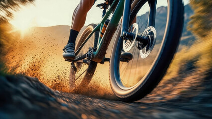 Naklejka premium A mountain bike wheel crashes into loose soil, raising clouds of dust. Blurred details emphasize the speed and dynamics of movement.