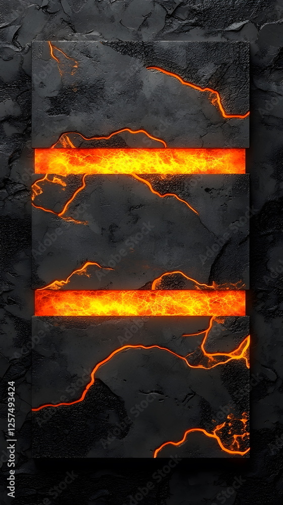 Poster glowing orange lava patterns on black textured stone background with abstract design elements.