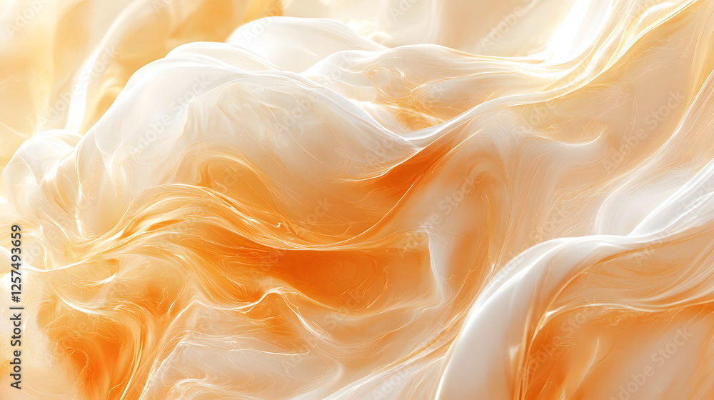 Poster soft orange and cream swirls of abstract fluid art with a glossy, smooth texture and gentle movement