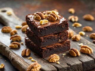 Freshly baked chocolate brownies with walnuts on top served on a rustic wooden board