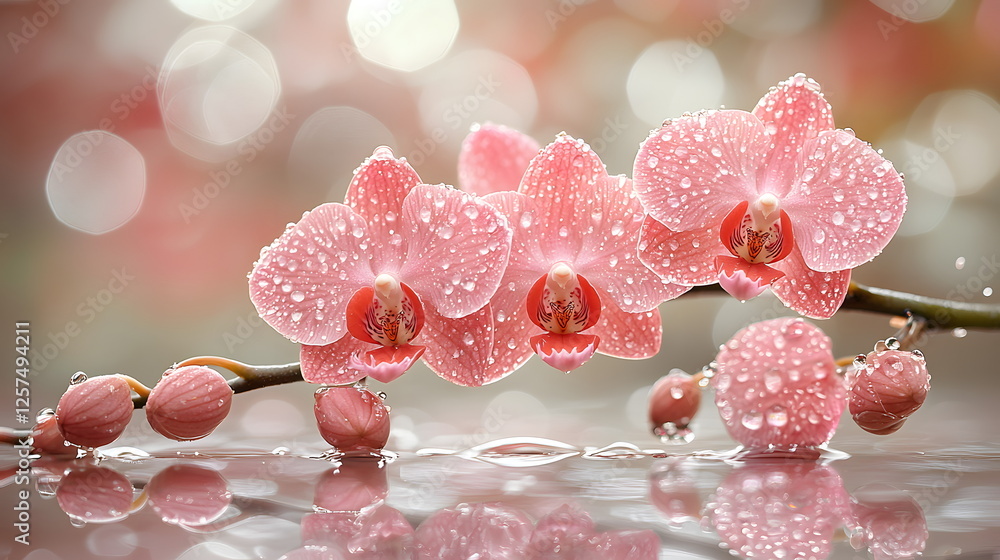 Aufkleber pink orchids with droplets on petals reflecting in water, creating a soft and dreamy background effe