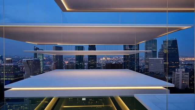  Dynamic innovation backdrop, sleek geometric designs hovering over a tech-inspired skylin