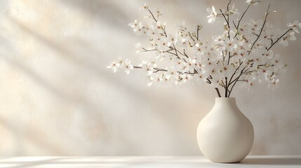 White blossoms in vase, sunlit wall backdrop; serene spring scene for home decor