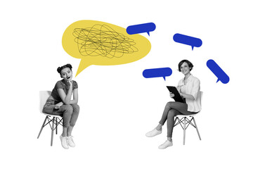 Sketch image composite trend artwork photo collage of textbox mind bubble cloud speech banner women...