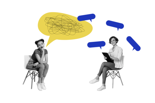 Sketch image composite trend artwork photo collage of textbox mind bubble cloud speech banner women sit talk say thoughts mental health - Powered by Adobe