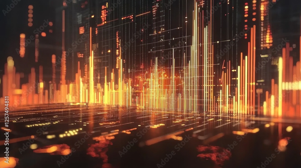 Poster abstract digital cityscape: glowing lines and data streams