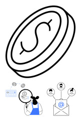 Large dollar coin icon above businesswoman analyzing financial data through a magnifying glass and an envelope icon with social connections. Ideal for business, finance, communication, email