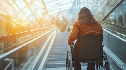 Woman in wheelchair ascending modern building escalator, sunset background; accessibility, inclusion concept