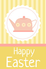 cute Easter card with pink teapot and striped background