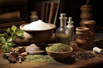 Preparing Medicinal Compound with Mortar and Pestle in an Apothecary Setting