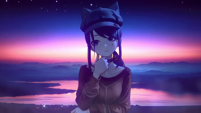 Cute and thoughtful cappie against the backdrop of sunset, anime wallpaper