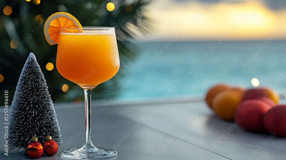 Poster glass of orange juice with a slice of orange in it is on a table next to a chr