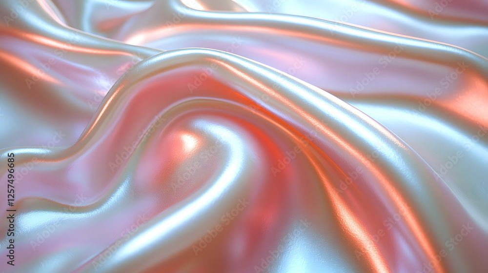 Poster shiny silk fabric with flowing waves and iridescent colors reflecting soft light in a smooth texture