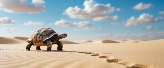 Obraz premium Solitary Tortoise Slowly Moving Across a Desert Landscape Under Blue Sky with White Clouds