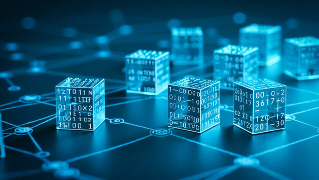 A series of floating, three-dimensional transparent glass cubes arranged in a dynamic layout, each covered with binary code
