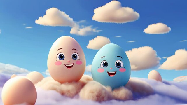 Cute Easter eggs. Cartoon characters with kawaii smiles on their faces. Easter concept, religion, 3d art style.