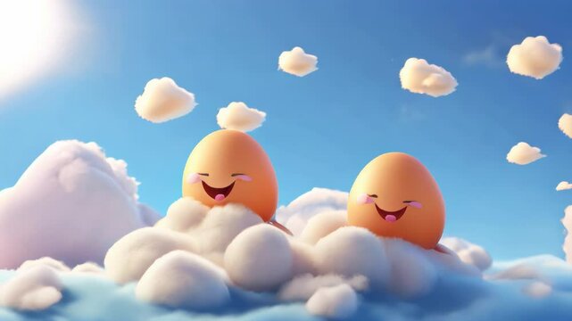 Cute Easter eggs. Cartoon characters with kawaii smiles on their faces. Easter concept, religion, 3d art style.