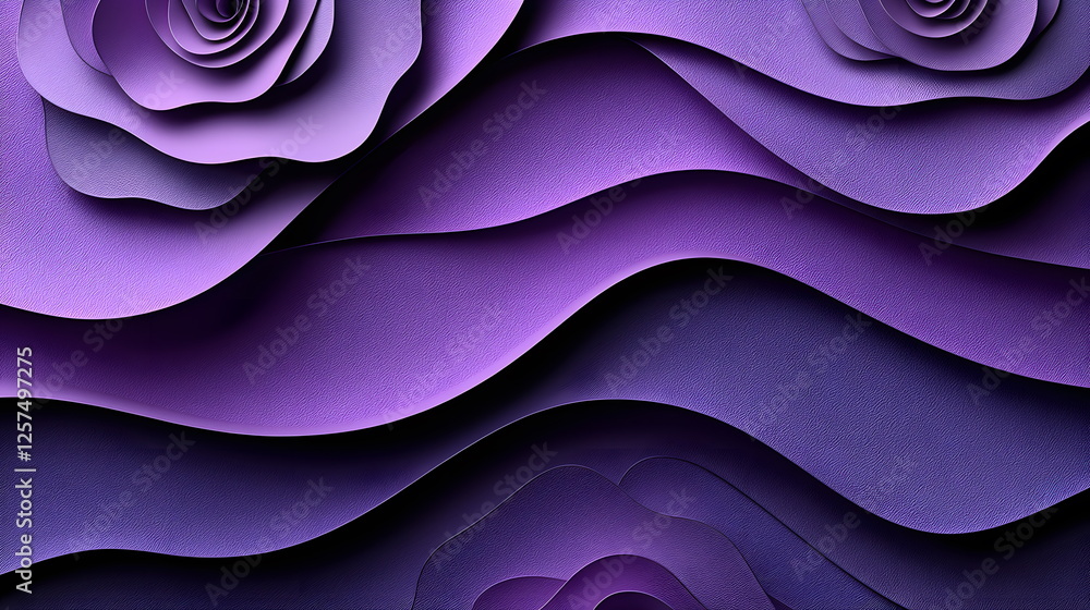 Poster elegant purple paper roses layered on textured violet backdrop with smooth flowing curves and shapes