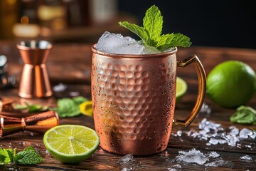 Moscow Mule cocktail in a copper mug with lime and mint