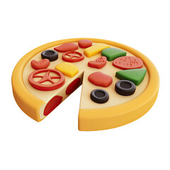 Cartoon pizza slice removed, food icon, white background
