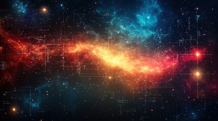 Abstract background with mathematical symbols, scientific icons, and glowing particles flowing through space